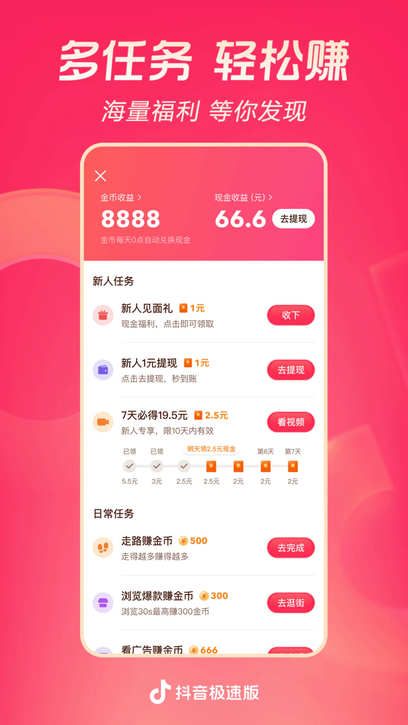 抖音极速版: 看视频领现金